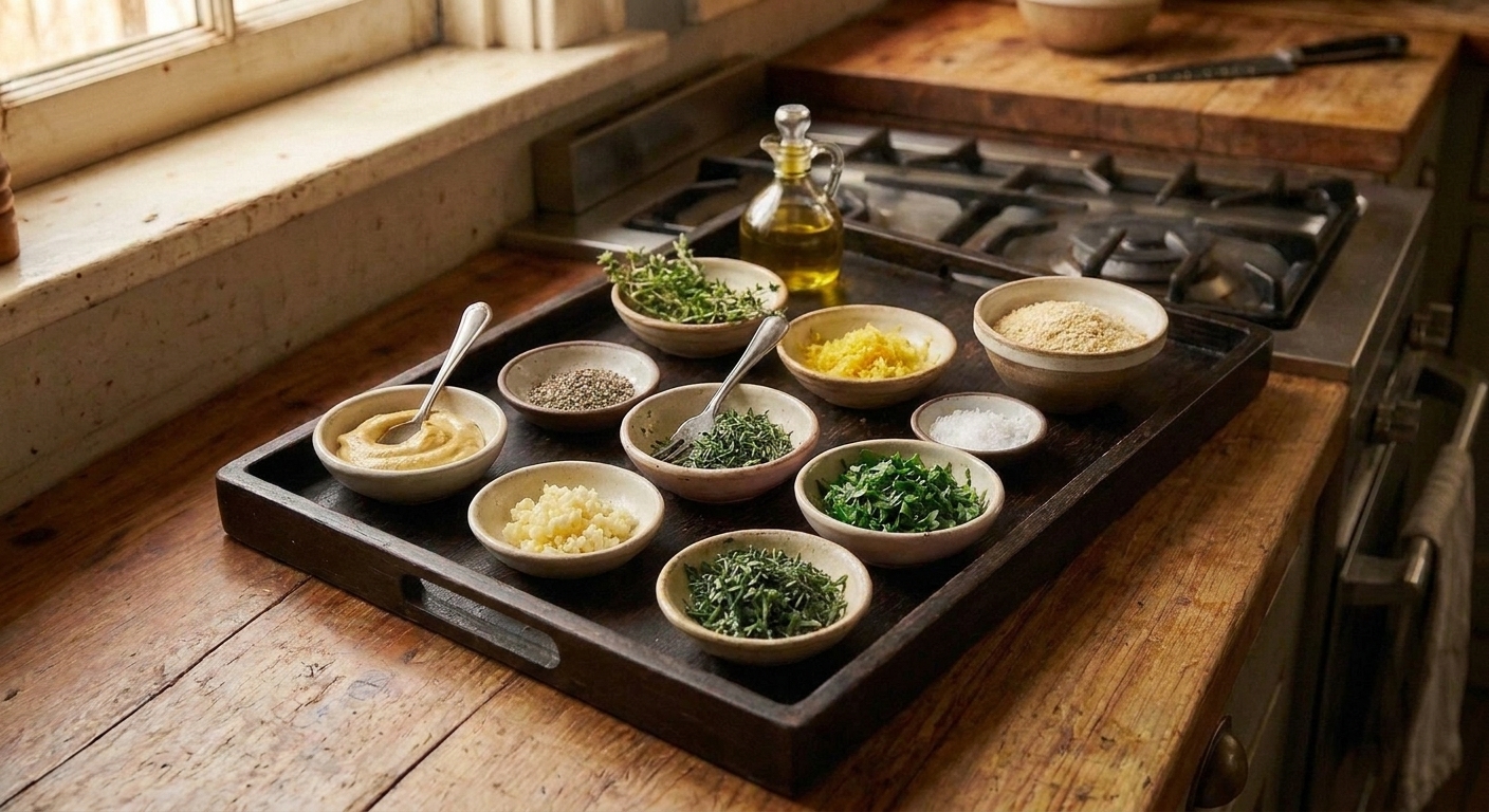 Small bowls of Dijon mustard, minced garlic, chopped rosemary, thyme, parsley, lemon zest, panko breadcrumbs, and olive oil arranged on a kitchen counter