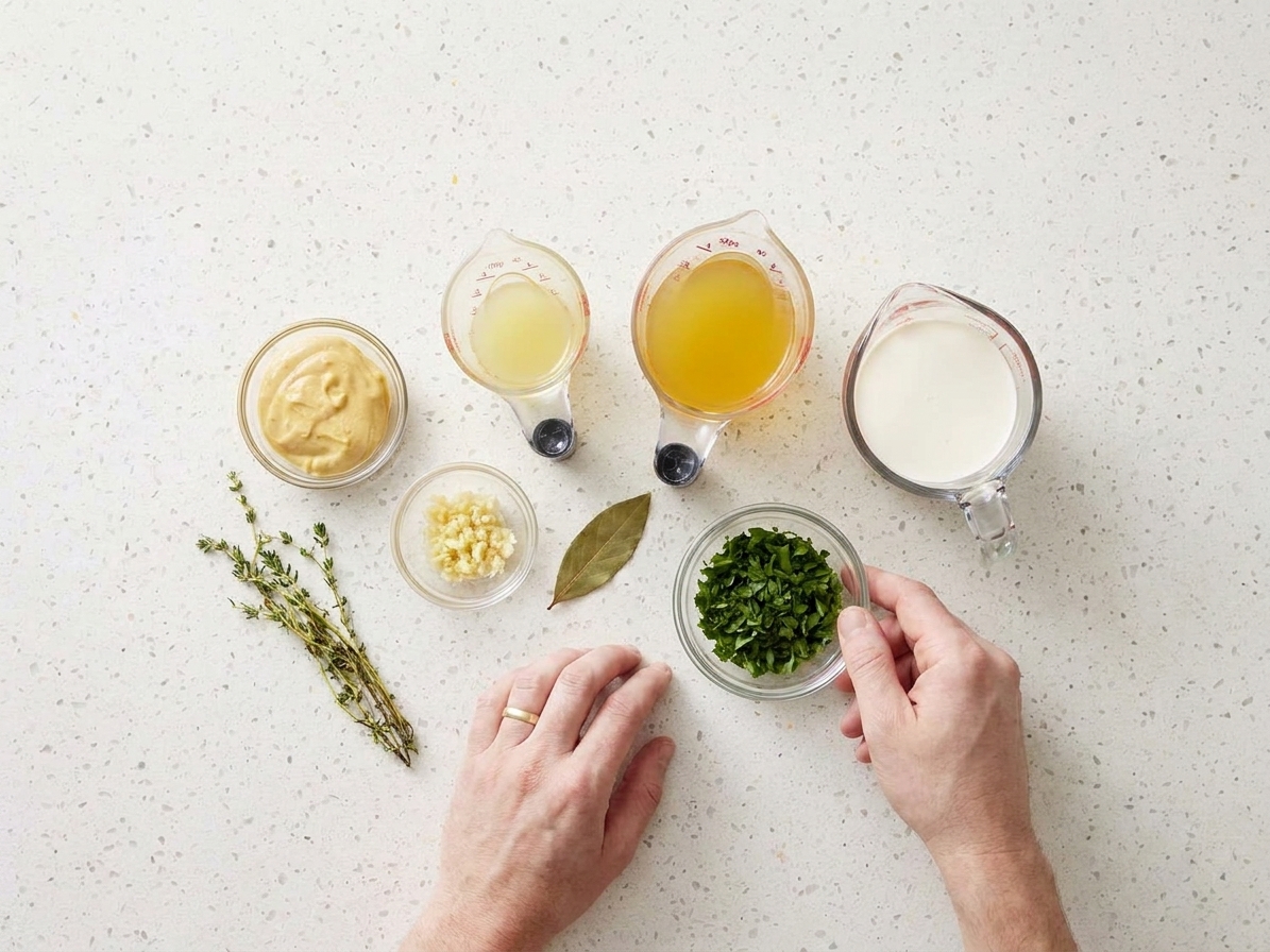Small bowls of Dijon mustard, minced garlic, lemon juice, chicken broth, heavy cream, and chopped parsley arranged on a kitchen counter