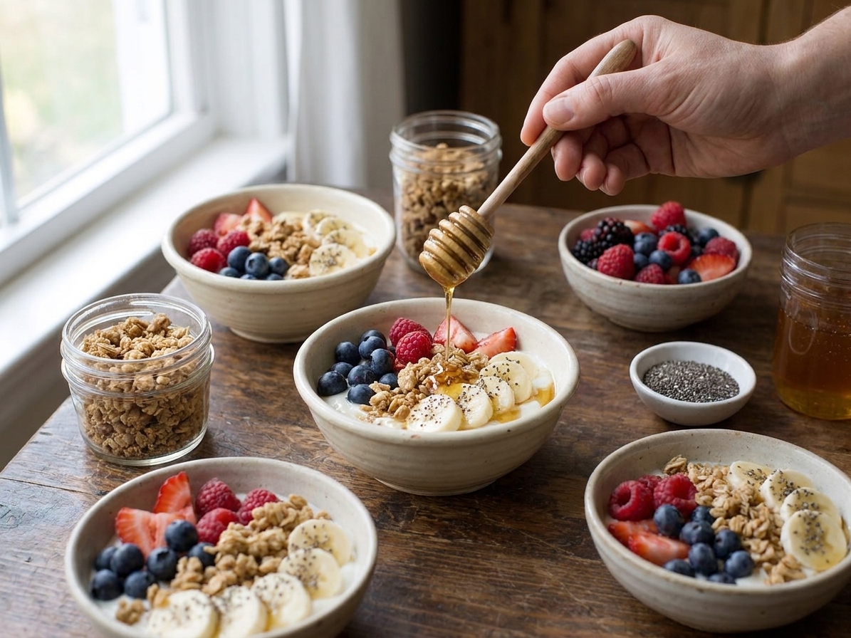 Small bowls of Greek yogurt, mixed berries, sliced banana, granola, honey, and chia seeds arranged on a clean kitchen counter in natural light