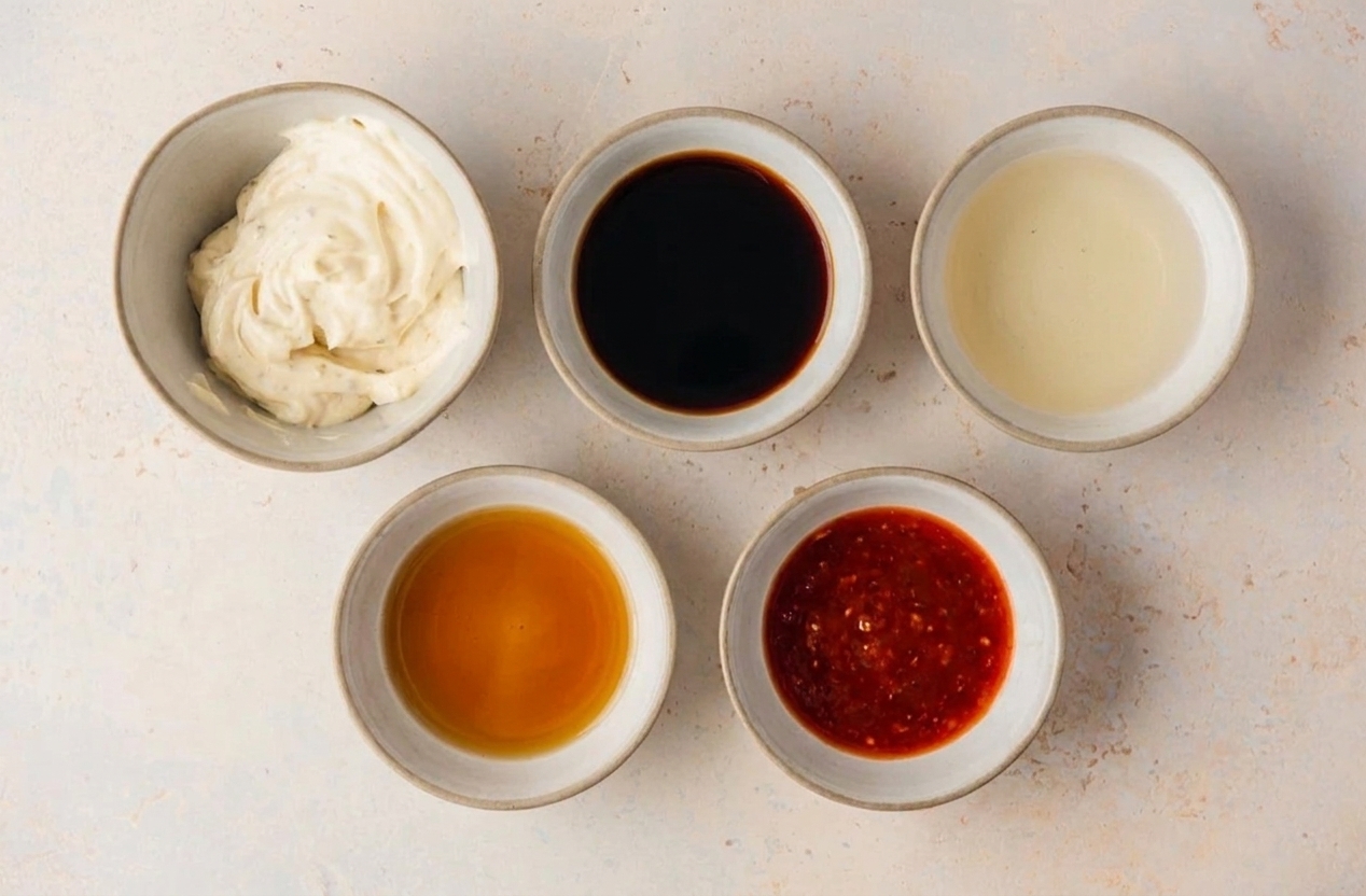Small bowls of Kewpie mayo, soy sauce, rice vinegar, sesame oil, and chili sauce arranged on a light stone counter