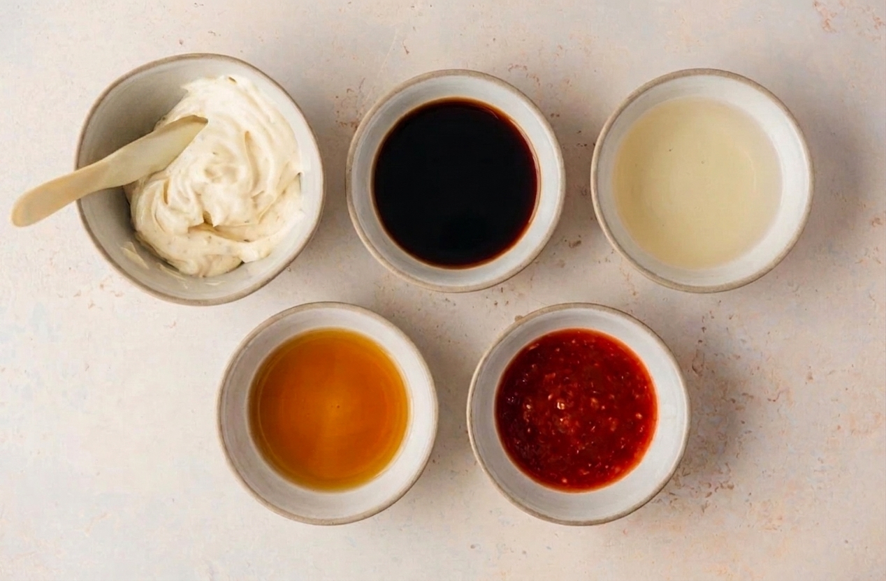 Small bowls of Kewpie mayo, soy sauce, rice vinegar, sesame oil, and chili sauce arranged on a light stone counter