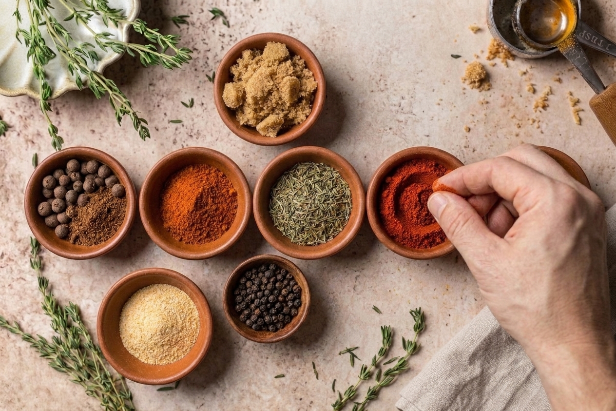 Small bowls of allspice, brown sugar, dried thyme, paprika, cayenne, and other spices measured and ready on a kitchen counter