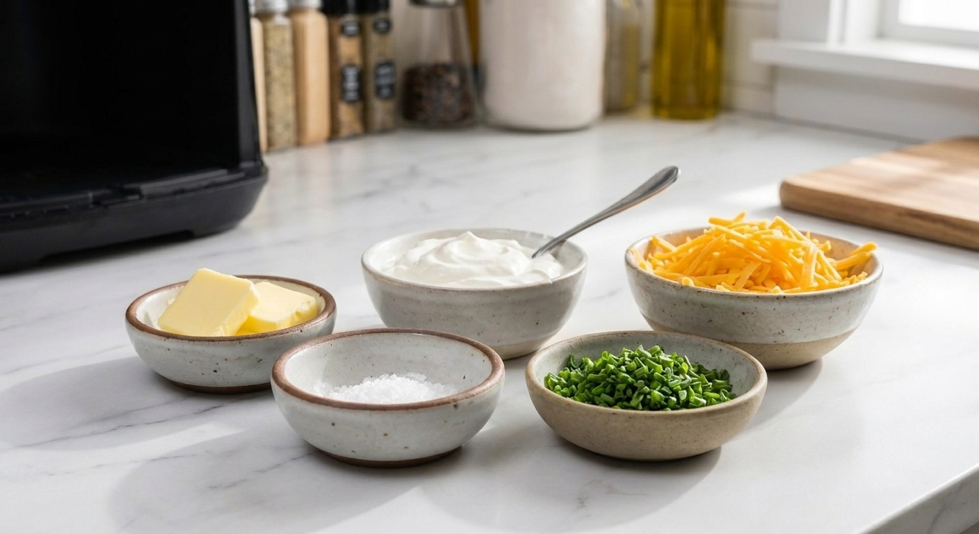 Small bowls of baked potato toppings including butter, sour cream, shredded cheddar, and sliced chives on a kitchen counter