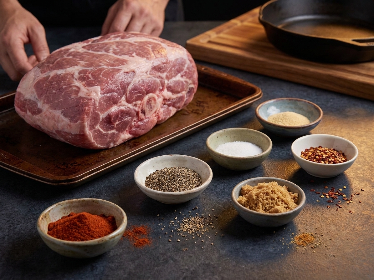 Small bowls of barbecue dry rub spices arranged on a kitchen counter beside a raw pork shoulder on a tray