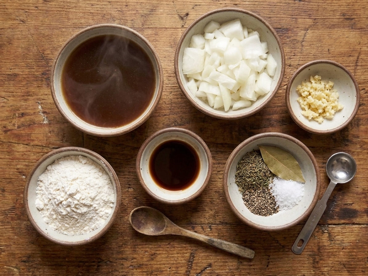 Small bowls of beef broth, chopped onion, minced garlic, flour, Worcestershire sauce, and seasonings arranged on a warm kitchen counter
