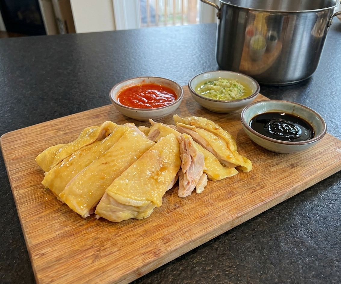 Small bowls of bright red chili sauce, pale yellow ginger sauce, and dark sweet soy sauce arranged beside sliced chicken on a kitchen counter