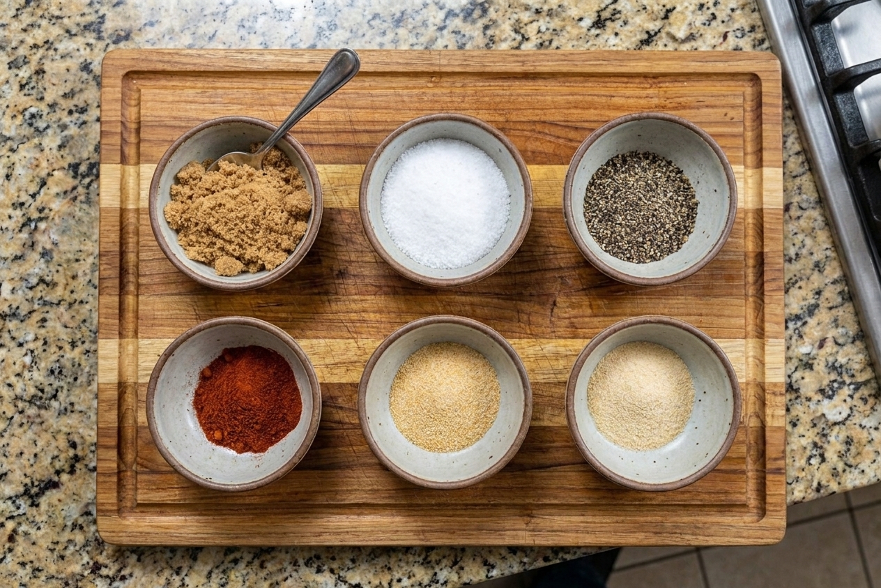 Small bowls of brown sugar, kosher salt, black pepper, smoked paprika, garlic powder, and onion powder arranged on a kitchen counter