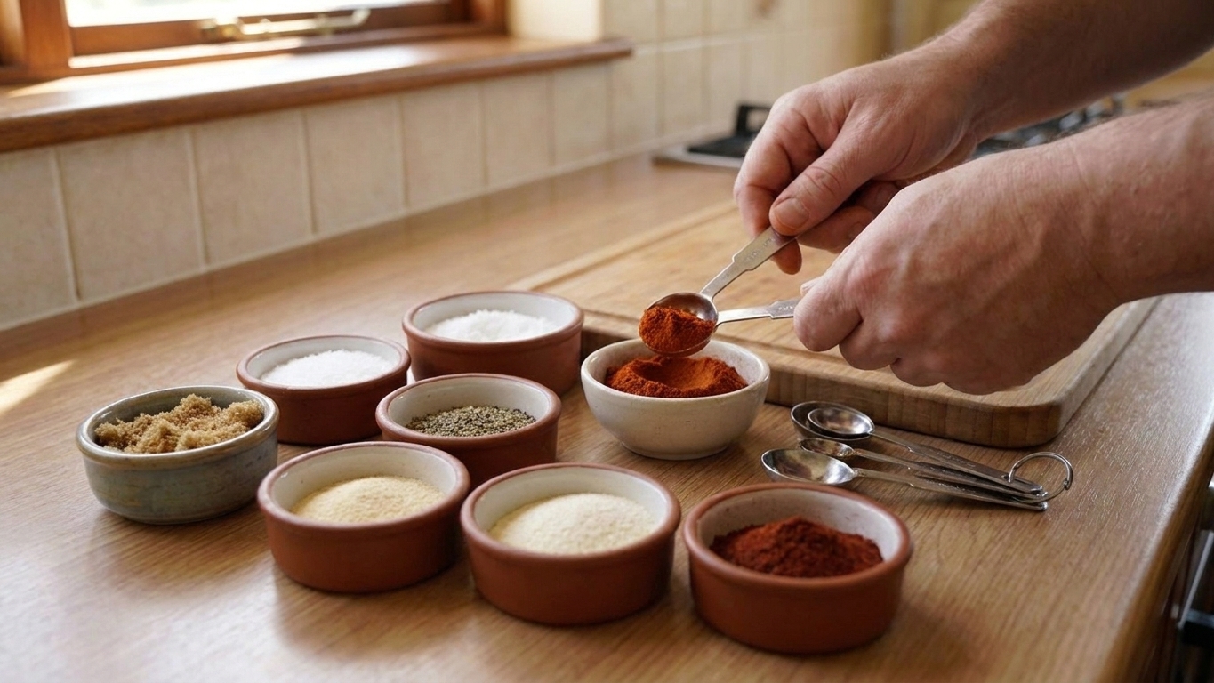 Small bowls of brown sugar, kosher salt, paprika, black pepper, garlic powder, onion powder, and chili powder arranged on a clean kitchen counter with measuring spoons