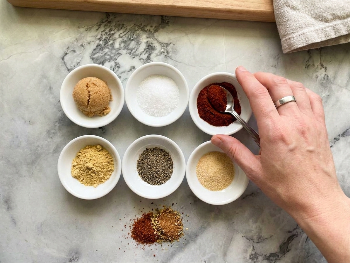 Small bowls of brown sugar, kosher salt, smoked paprika, garlic powder, black pepper, and mustard powder arranged on a light kitchen counter
