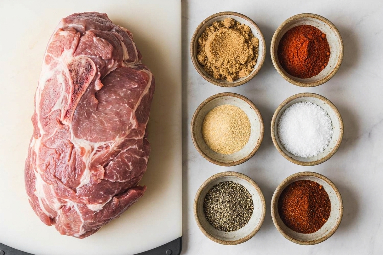 Small bowls of brown sugar, paprika, garlic powder, kosher salt, black pepper, and chili powder arranged on a kitchen counter next to a pork shoulder