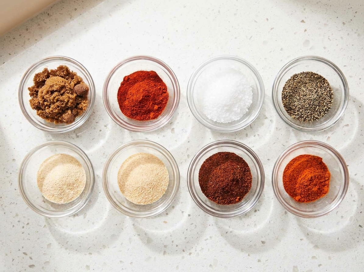 Small bowls of brown sugar, paprika, kosher salt, black pepper, garlic powder, onion powder, chili powder, and cayenne arranged on a light stone countertop