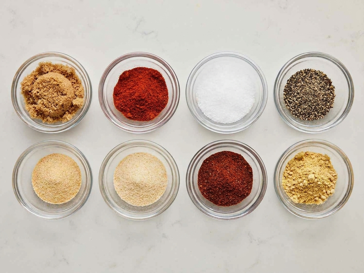 Small bowls of brown sugar, paprika, kosher salt, black pepper, garlic powder, onion powder, chili powder, and mustard powder arranged neatly on a kitchen counter
