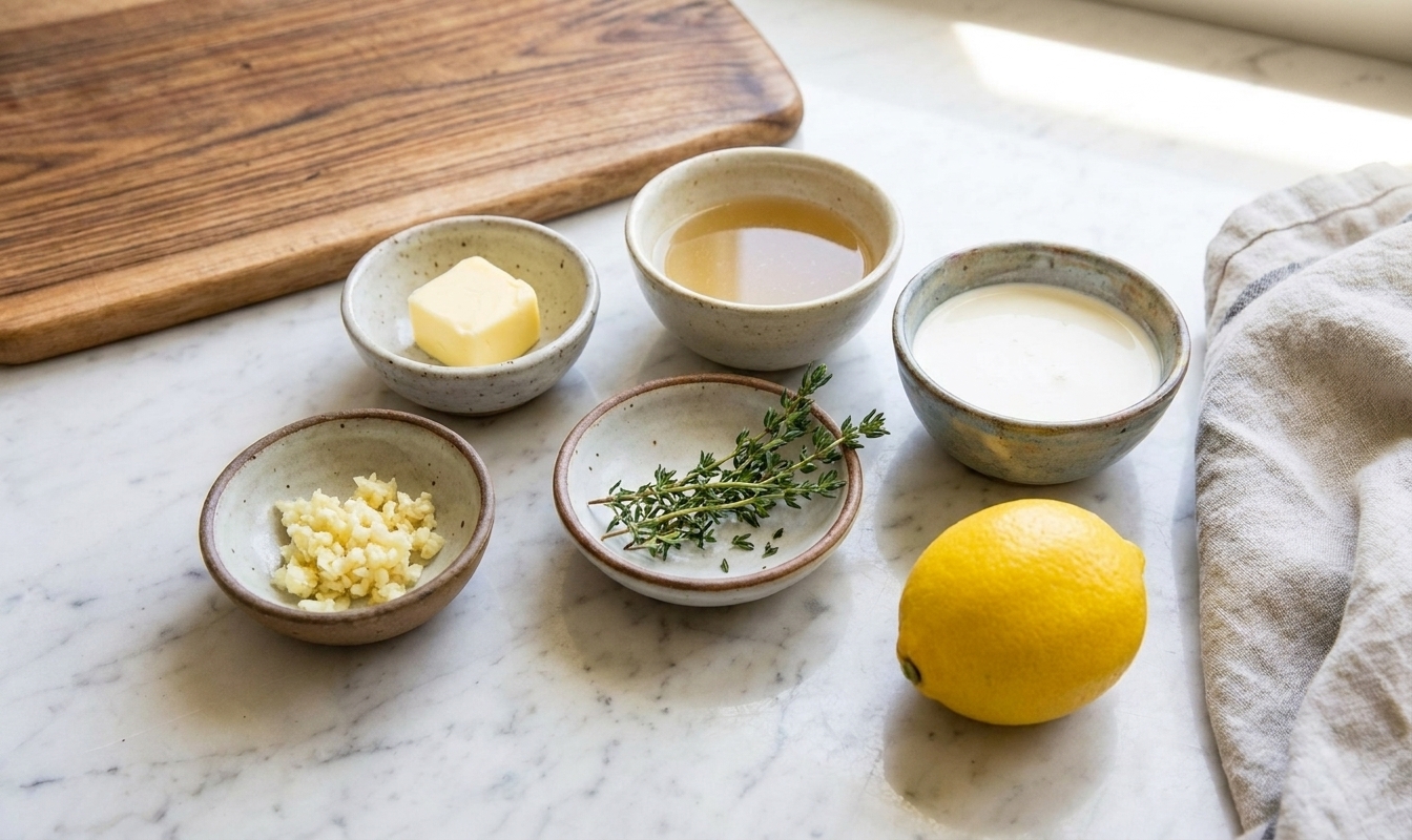 Small bowls of butter, minced garlic, thyme, broth, cream, and a lemon arranged on a clean kitchen counter with warm natural light