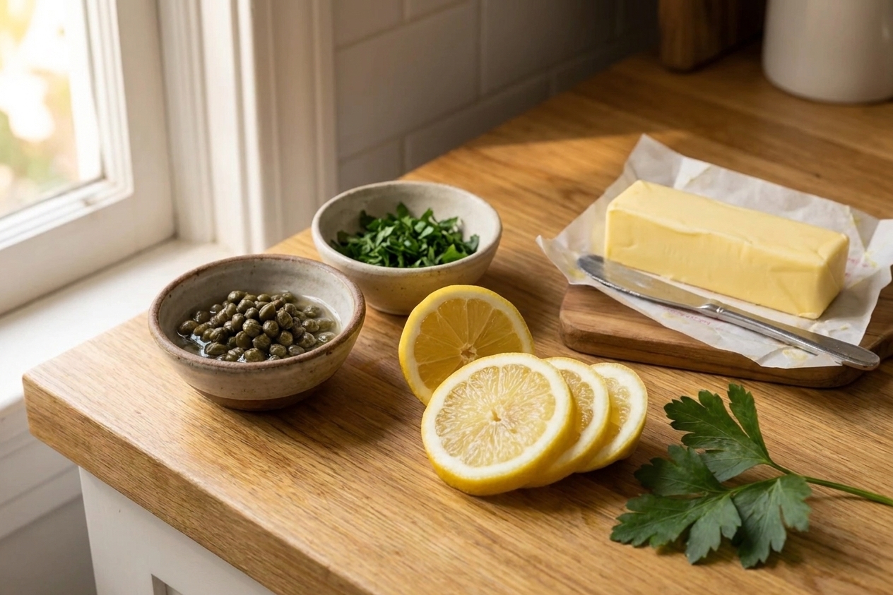 Small bowls of capers and chopped parsley next to a sliced lemon and a stick of butter on a clean kitchen counter with warm natural light