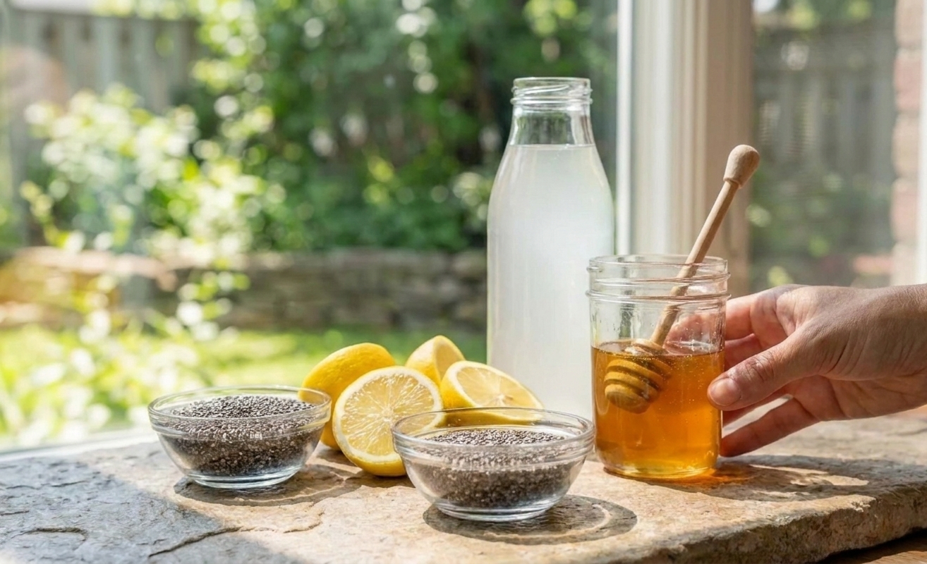 Small bowls of chia seeds, lemon halves, a bottle of coconut water, and a jar of honey arranged on a clean kitchen counter with soft natural light