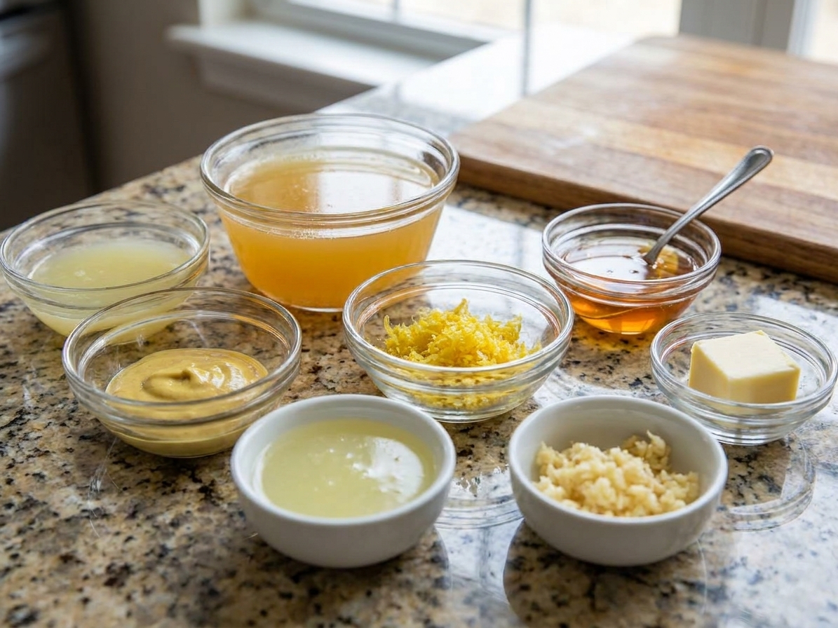 Small bowls of chicken broth, Dijon mustard, lemon zest, lemon juice, honey, minced garlic, and butter arranged on a kitchen counter