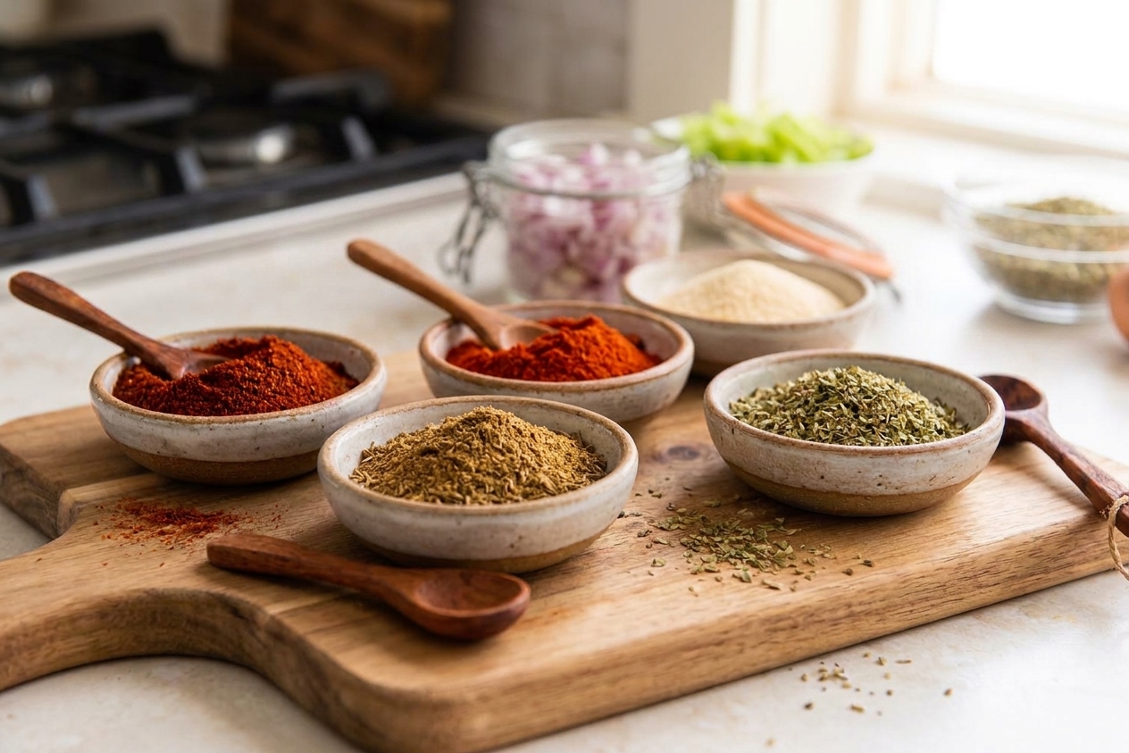 Small bowls of chili powder, cumin, paprika, garlic powder, and oregano arranged on a kitchen counter