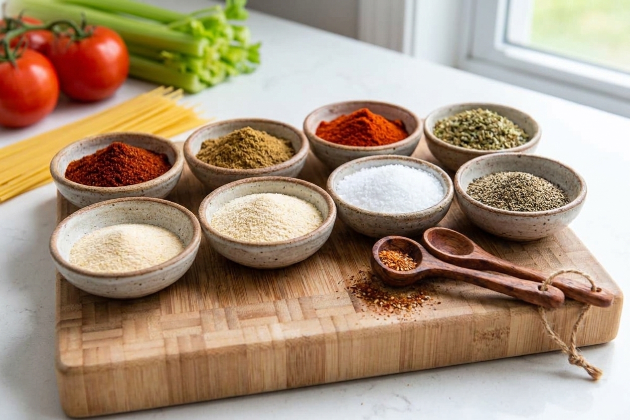 Small bowls of chili powder, cumin, paprika, oregano, garlic powder, onion powder, salt, and black pepper arranged on a kitchen counter with measuring spoons
