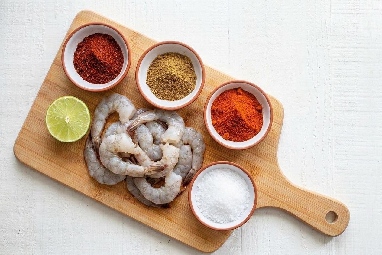 Small bowls of chili powder, cumin, smoked paprika, and salt beside a lime and raw peeled shrimp on a cutting board