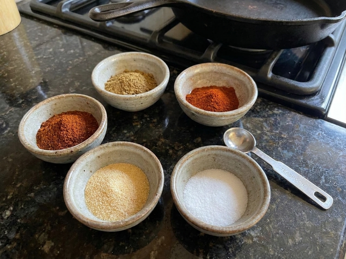Small bowls of chili powder, cumin, smoked paprika, garlic powder, and salt arranged on a kitchen counter next to a measuring spoon