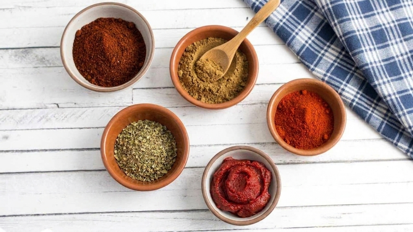 Small bowls of chili powder, cumin, smoked paprika, oregano, and tomato paste arranged on a kitchen counter