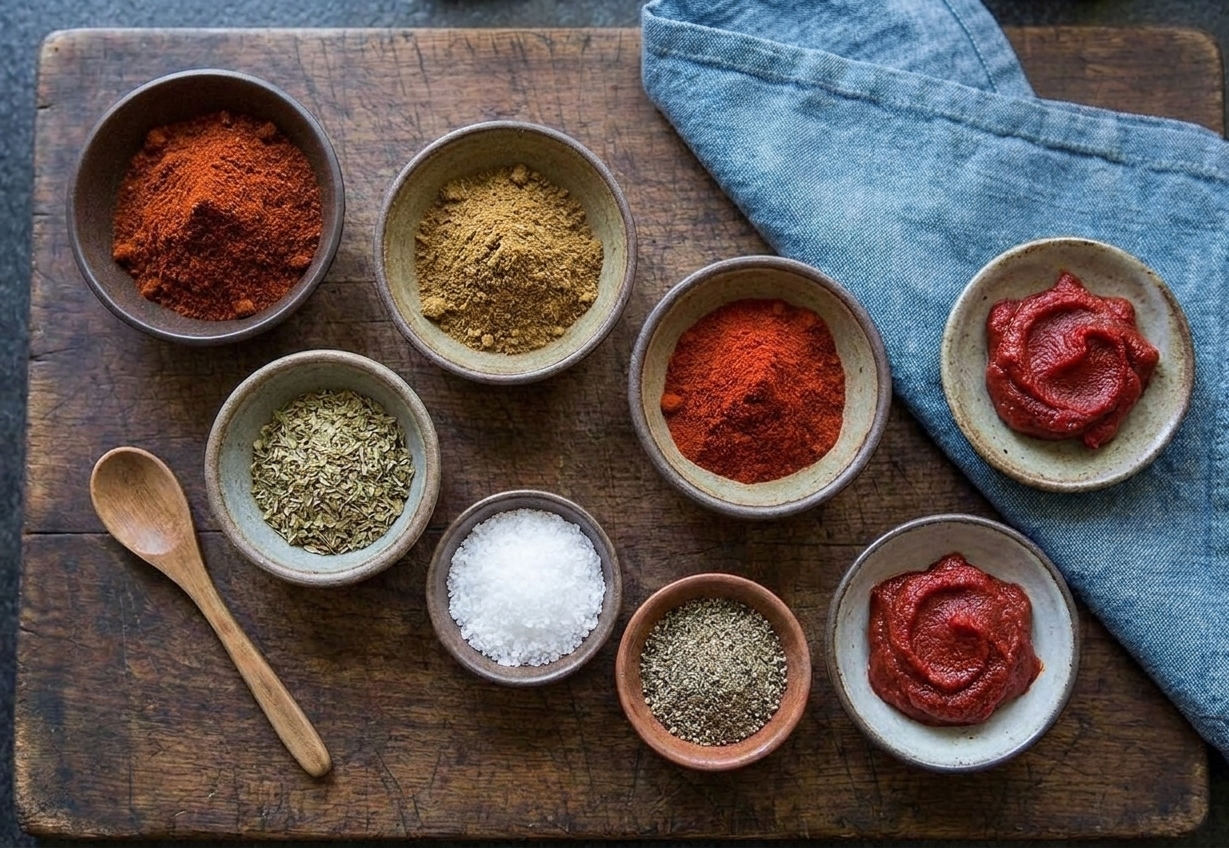 Small bowls of chili powder, cumin, smoked paprika, oregano, salt, and pepper arranged beside tomato paste