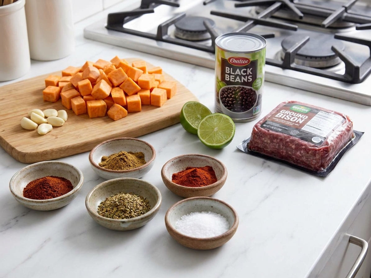 Small bowls of chili powder, cumin, smoked paprika, oregano, and salt arranged beside a cutting board with diced sweet potatoes, canned black beans, fresh garlic cloves, lime, and a package of ground bison on a kitchen counter
