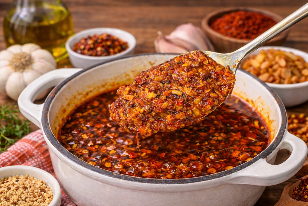 Small bowls of chili powder, cumin, smoked paprika, oregano, salt, and pepper arranged beside minced garlic on a kitchen counter in warm light