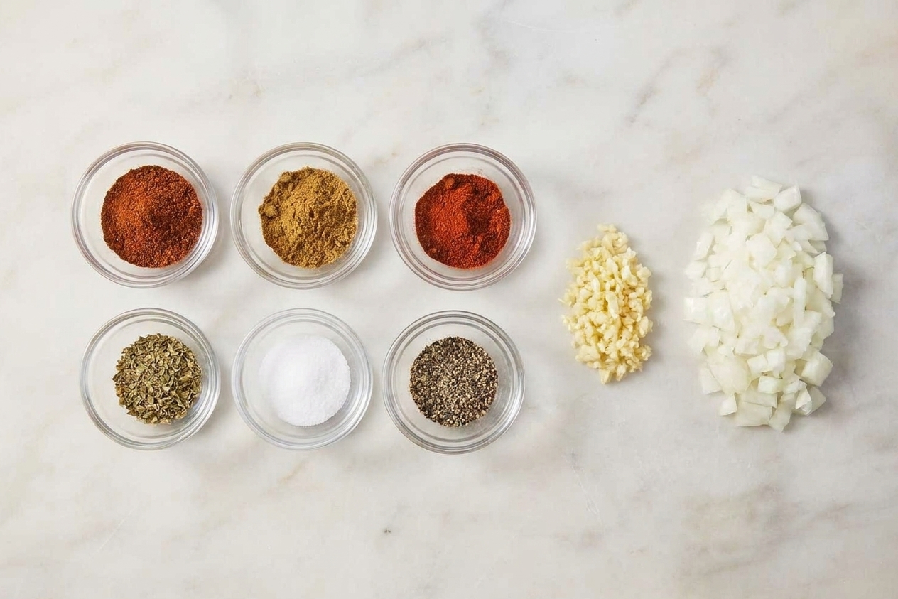 Small bowls of chili powder, cumin, smoked paprika, oregano, salt, and pepper arranged on a kitchen counter next to minced garlic and chopped onion