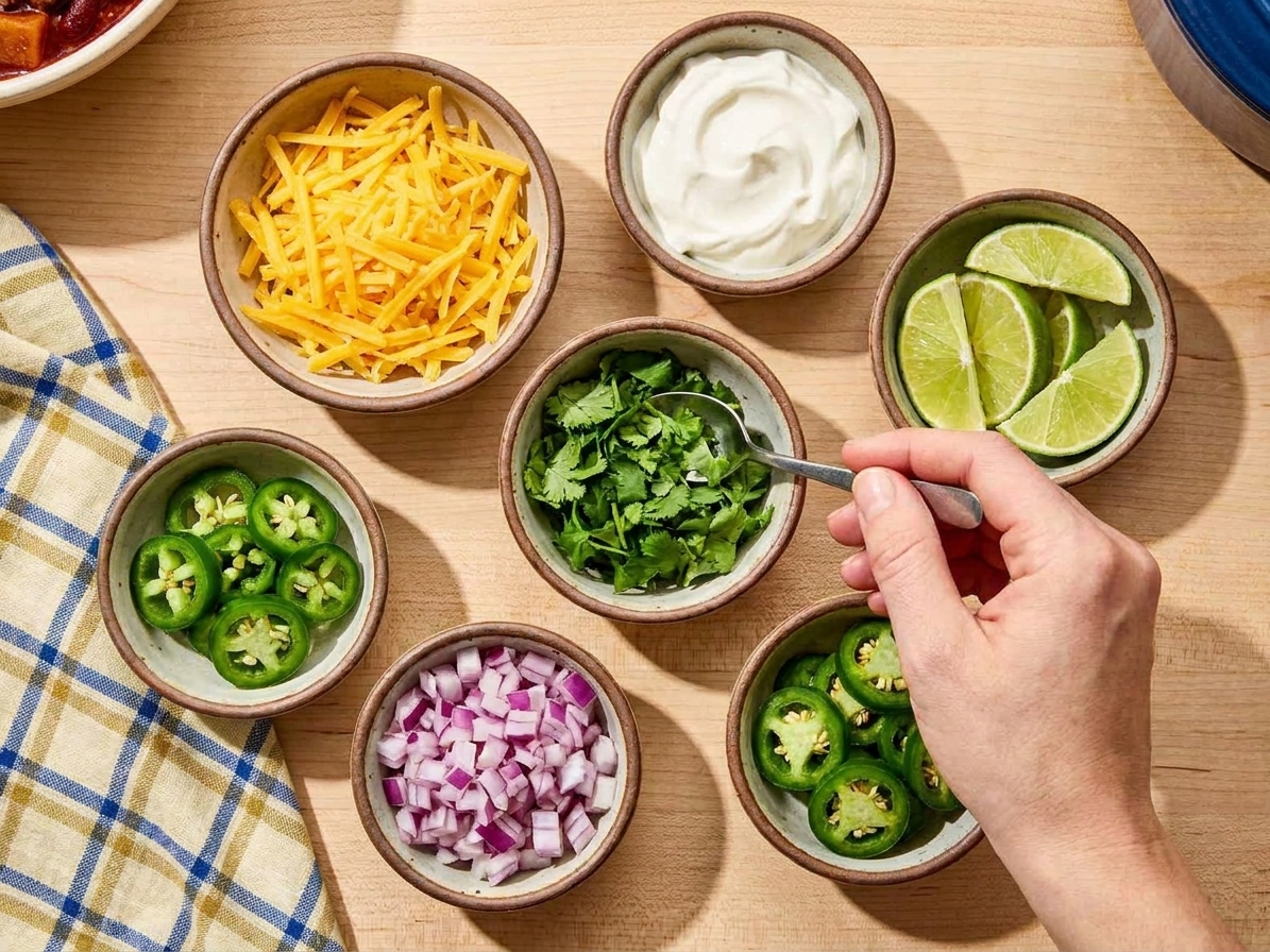 Small bowls of chili toppings including shredded cheddar, sour cream, chopped cilantro, diced red onion, sliced jalapeños, and lime wedges on a counter