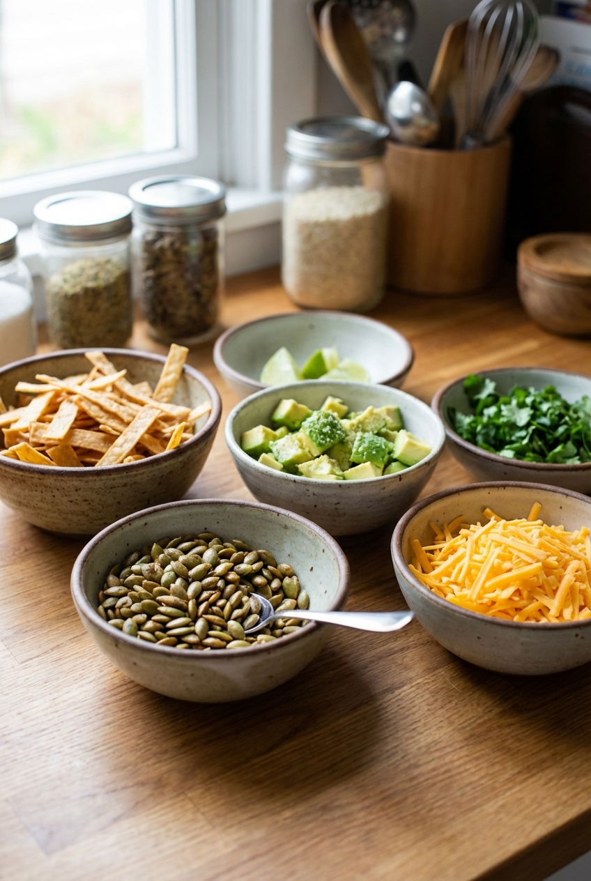 Small bowls of chili toppings like pepitas, tortilla strips, diced avocado, cilantro, and shredded cheese on a counter