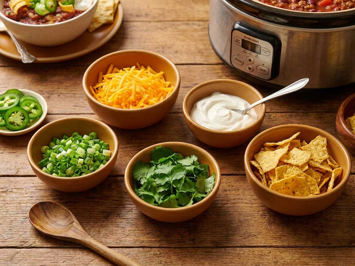 Small bowls of chili toppings like shredded cheese, sour cream, green onions, cilantro, and tortilla chips arranged on a wooden table