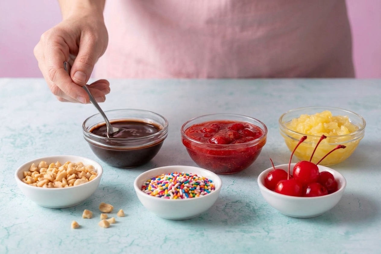 Small bowls of chocolate syrup, strawberry topping, pineapple topping, chopped nuts, sprinkles, and maraschino cherries arranged for a banana split topping bar on a kitchen counter