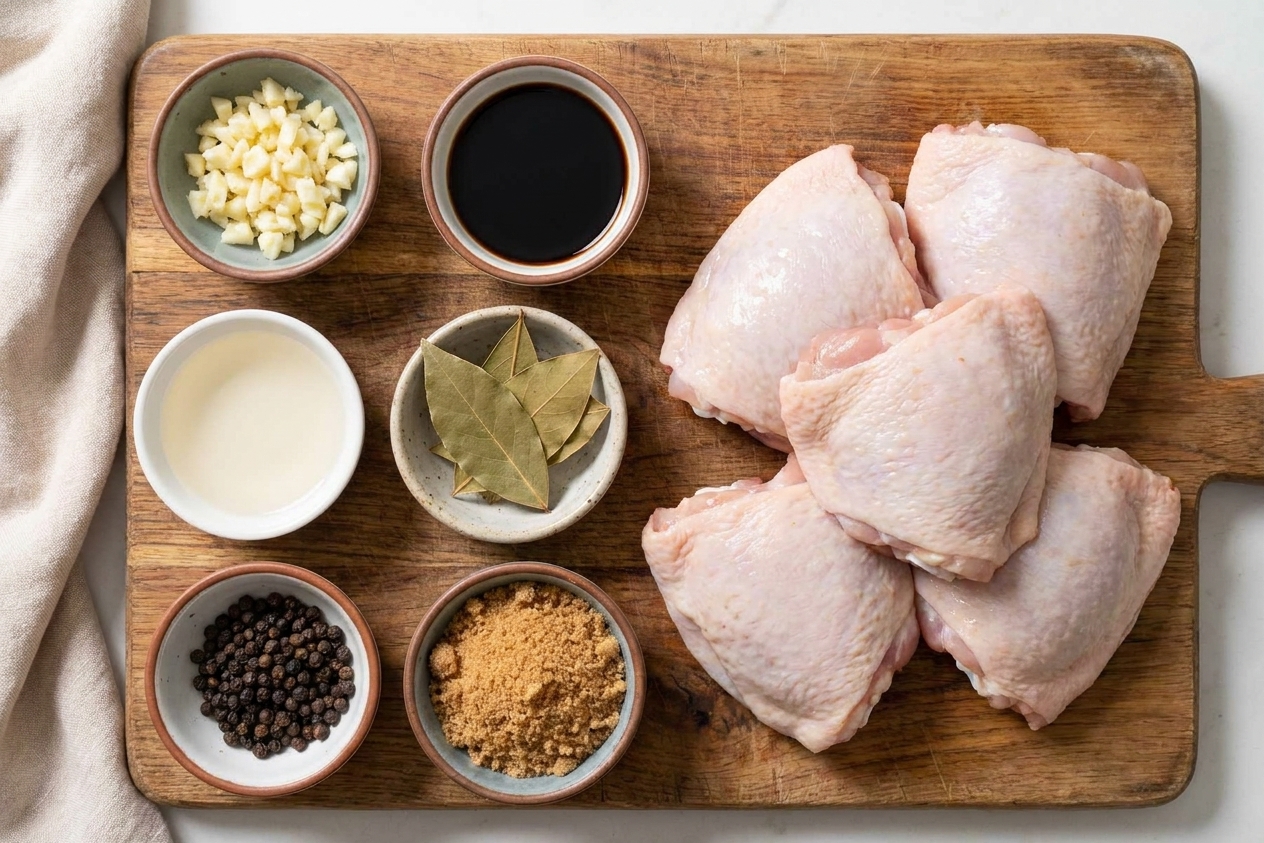 Small bowls of chopped garlic, soy sauce, vinegar, bay leaves, peppercorns, and brown sugar arranged beside chicken thighs on a cutting board
