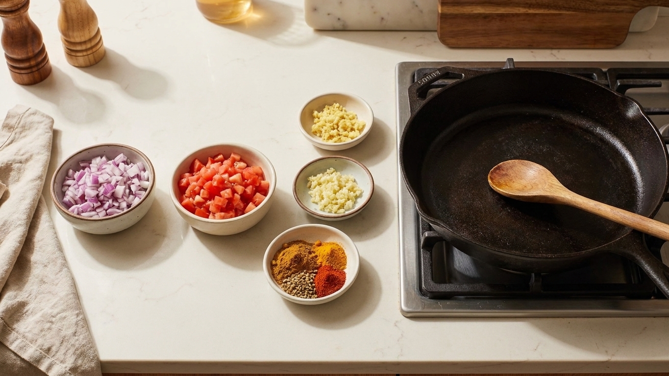 Small bowls of chopped onions, diced tomatoes, minced garlic, grated ginger, and measured spices lined up beside a skillet on a kitchen counter
