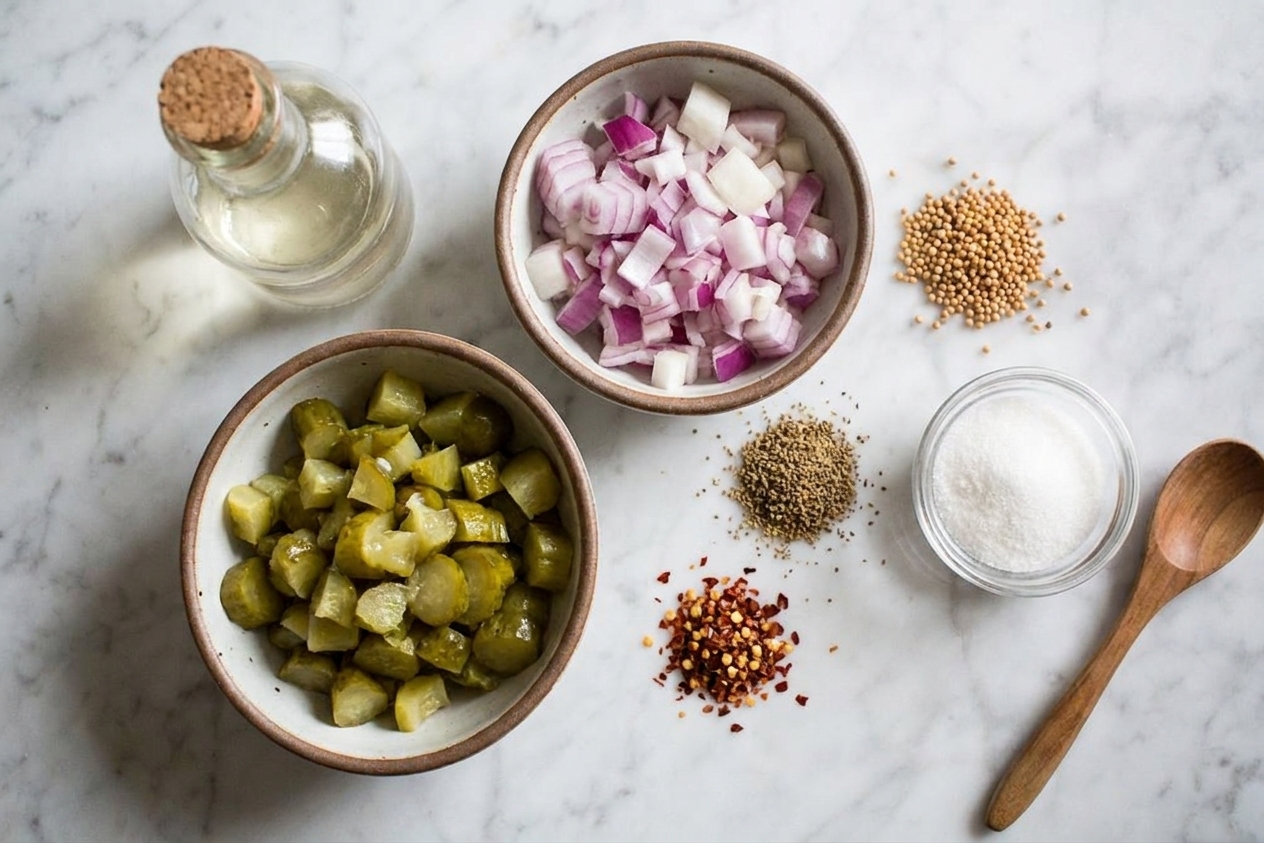 Small bowls of chopped pickles and diced onion next to vinegar, sugar, and spices arranged on a kitchen counter for making relish