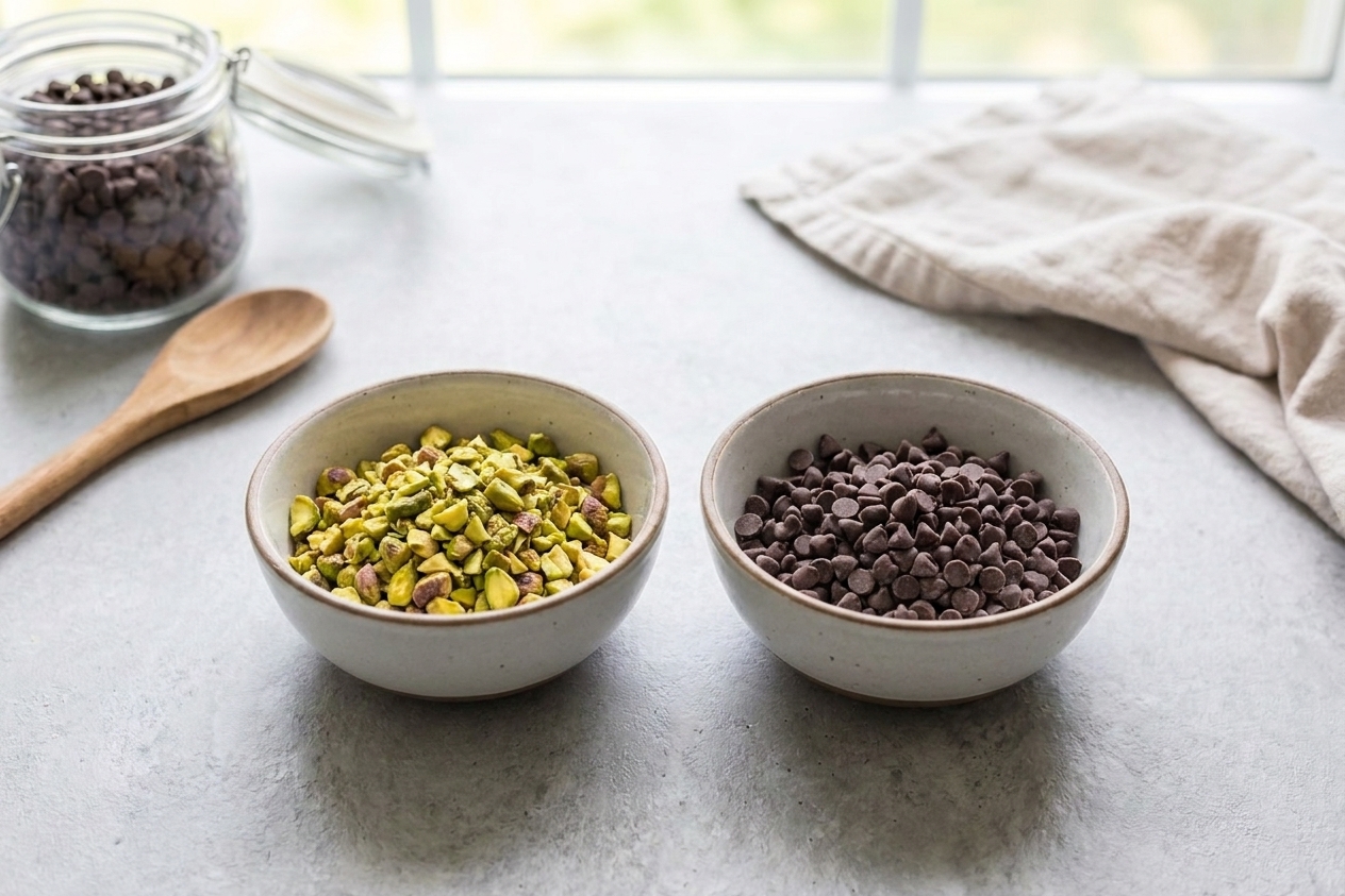 Small bowls of chopped pistachios and mini chocolate chips set out as garnish on a bright kitchen counter