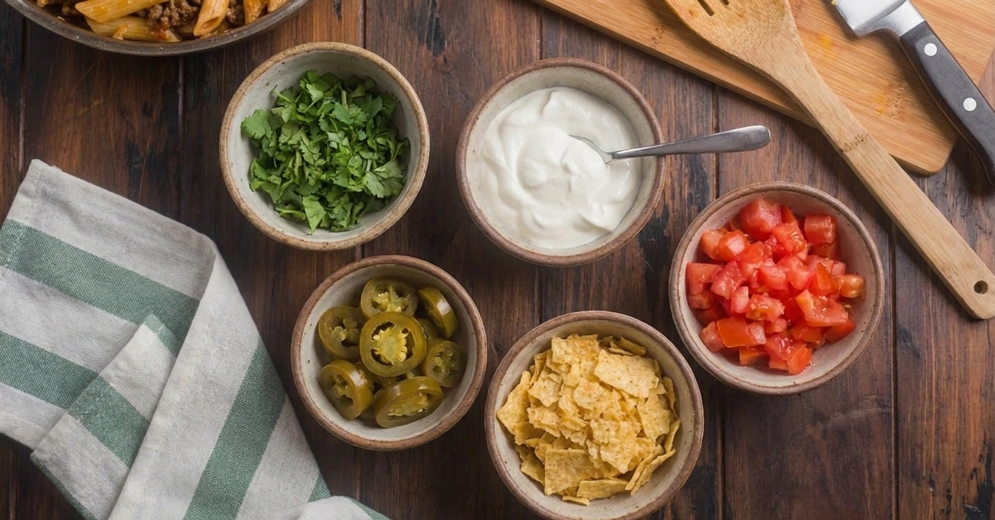 Small bowls of cilantro, sour cream, diced tomatoes, jalapeños, and crushed tortilla chips arranged for topping taco pasta