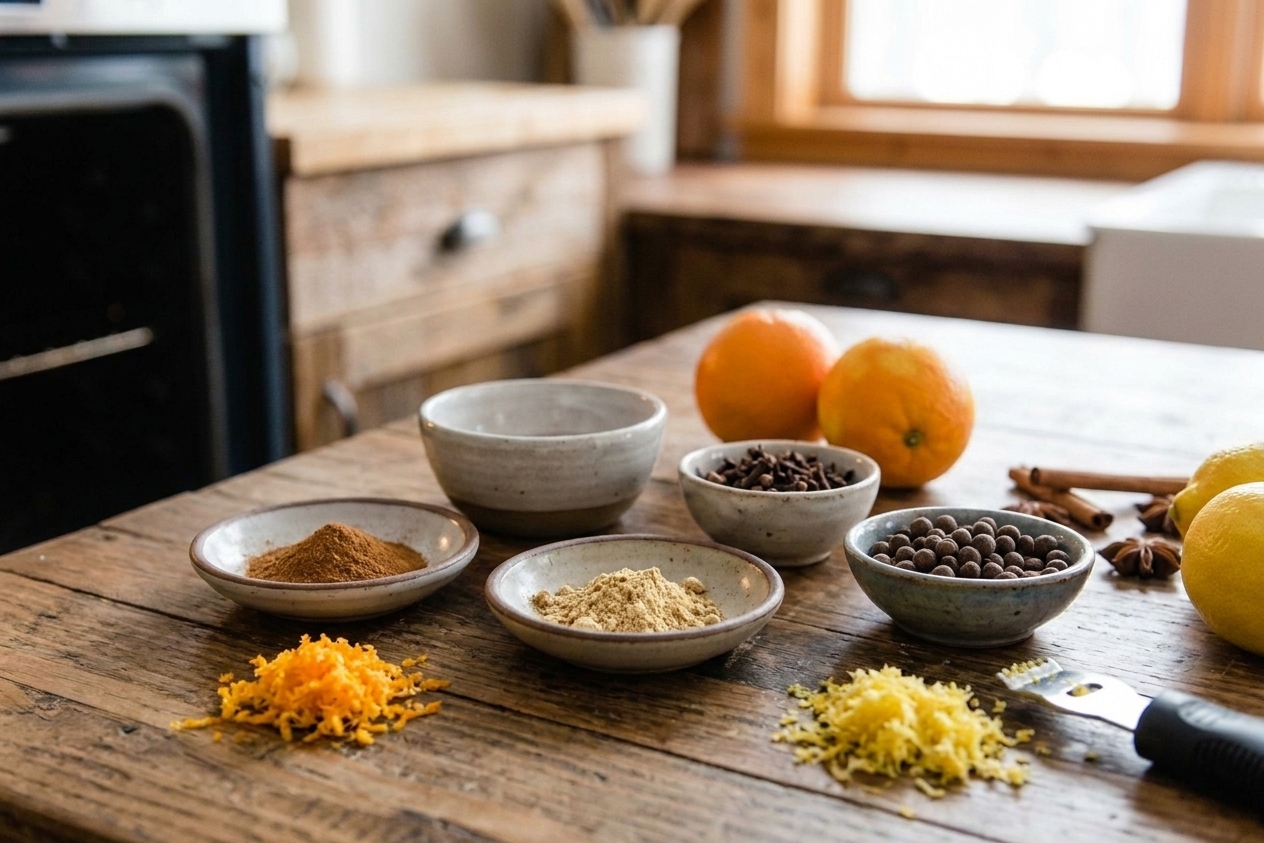 Small bowls of cinnamon, ginger, cloves, and allspice beside fresh orange and lemon zest on a kitchen counter