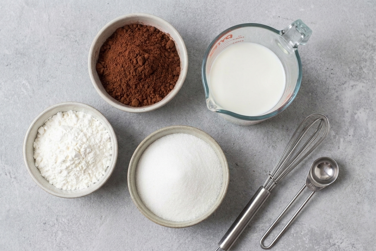 Small bowls of cocoa powder, cornstarch, and sugar beside a measuring cup of milk arranged for pudding prep