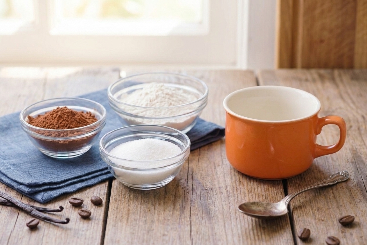 Small bowls of cocoa powder, flour, and sugars measured out on a kitchen counter beside a single empty ceramic mug and a spoon