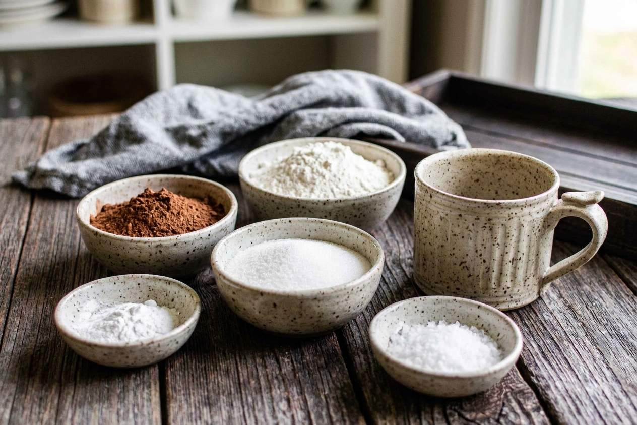 Small bowls of cocoa powder, flour, sugar, baking powder, and salt arranged on a kitchen counter next to a ceramic mug