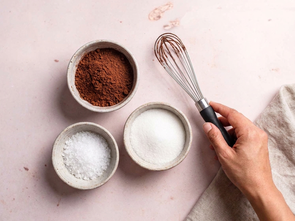 Small bowls of cocoa powder, granulated sugar, and salt arranged on a kitchen counter with a whisk nearby