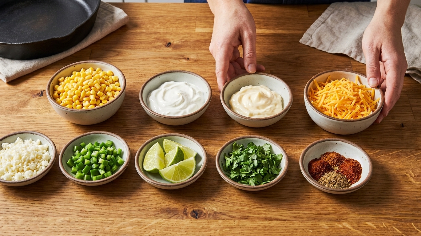 Small bowls of corn kernels, sour cream, mayonnaise, shredded cheese, cotija, diced jalapeños, lime, cilantro, and spices arranged on a tidy kitchen counter