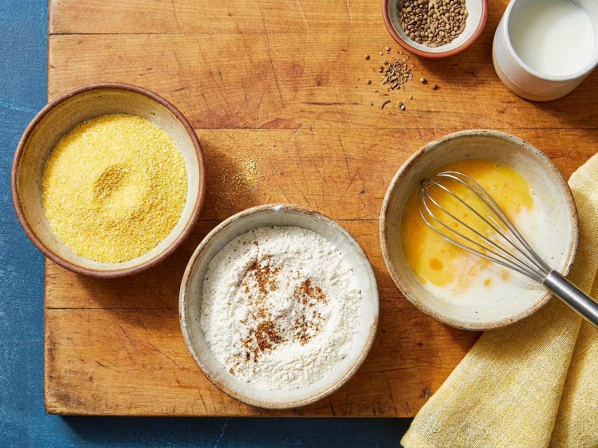 Small bowls of cornmeal, flour, and spices set up for dredging on a kitchen counter with eggs and milk nearby