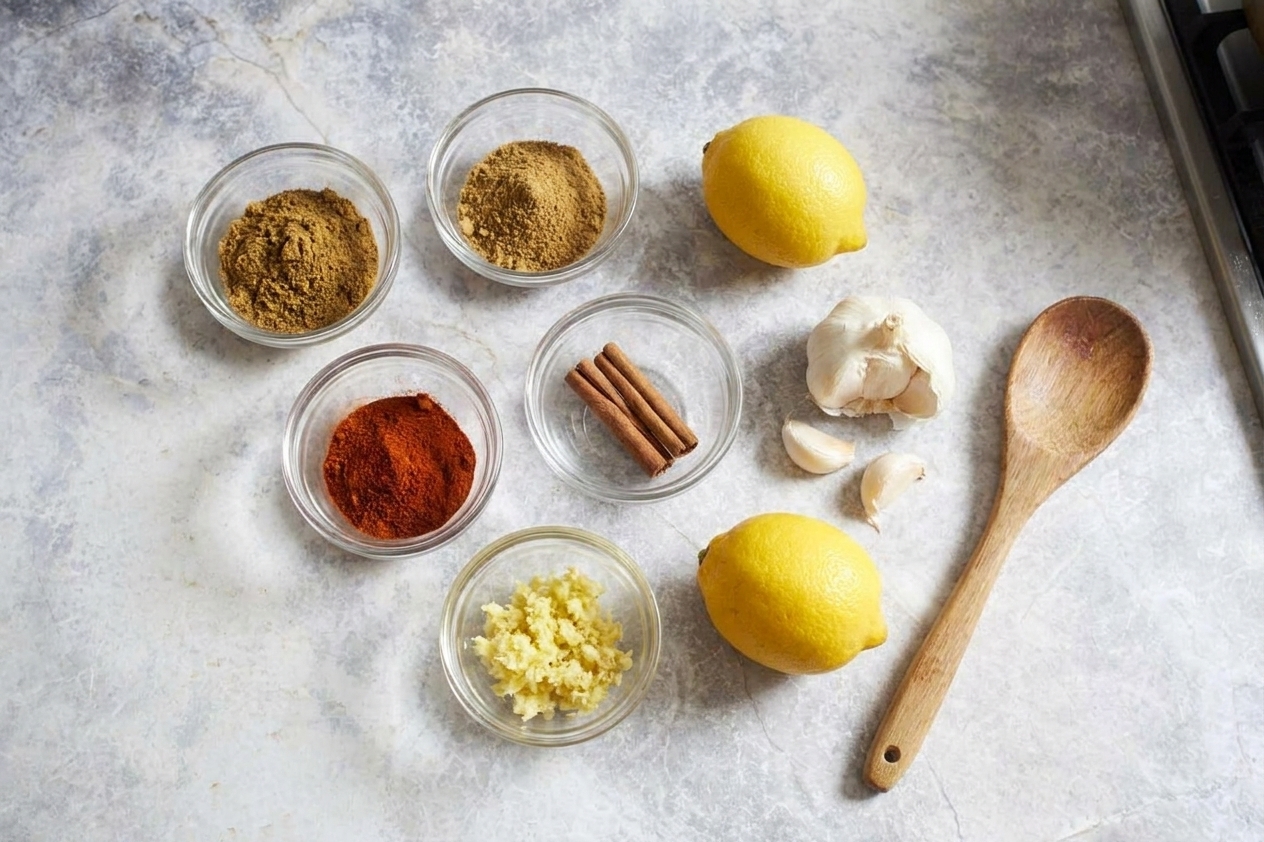 Small bowls of cumin, coriander, paprika, cinnamon, and grated ginger arranged on a kitchen counter next to a lemon and garlic