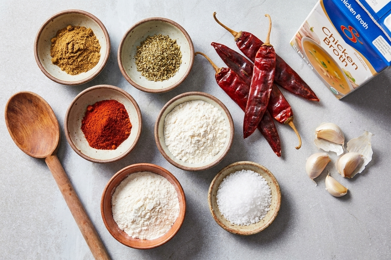 Small bowls of cumin, oregano, smoked paprika, flour, and salt next to dried chiles, garlic cloves, and a carton of broth arranged on a clean kitchen counter