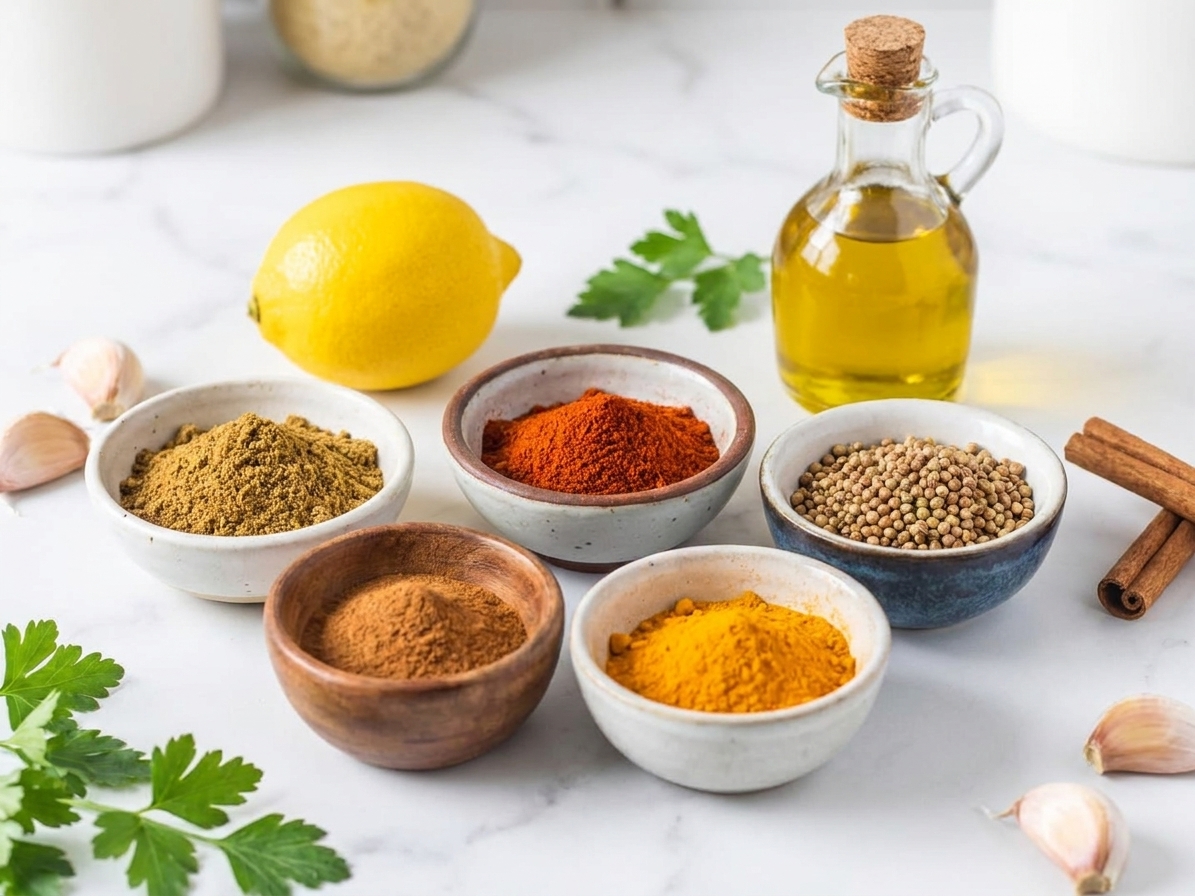 Small bowls of cumin, paprika, coriander, cinnamon, and turmeric arranged on a kitchen counter beside a lemon and olive oil