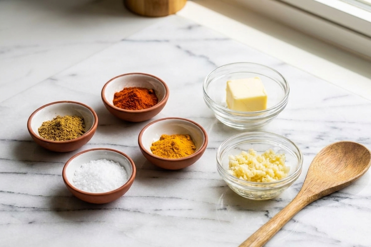 Small bowls of cumin, paprika, turmeric, and salt on a kitchen counter next to butter and minced garlic