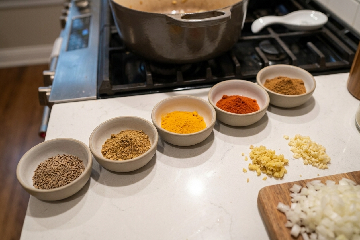 Small bowls of cumin seeds, ground coriander, turmeric, chili powder, and garam masala arranged beside chopped onion, ginger, and garlic on a kitchen counter